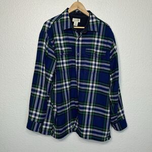 LL Bean Shirt Men L Blue Plaid Flannel Fleece Lined Button Front Outdoor Active